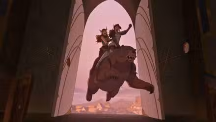 An image from The Legend of Vox Machina season 4. It shows Keyleth, an elven druid, riding alongside Vex, an elven ranger astride an armored bear.