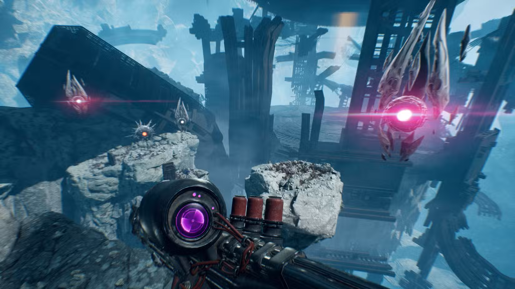 A character dodges enemy robots in Luna Abyss.