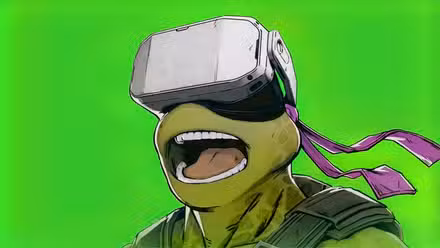Donatello das Tartarugas Ninja usa um fone de ouvido VR