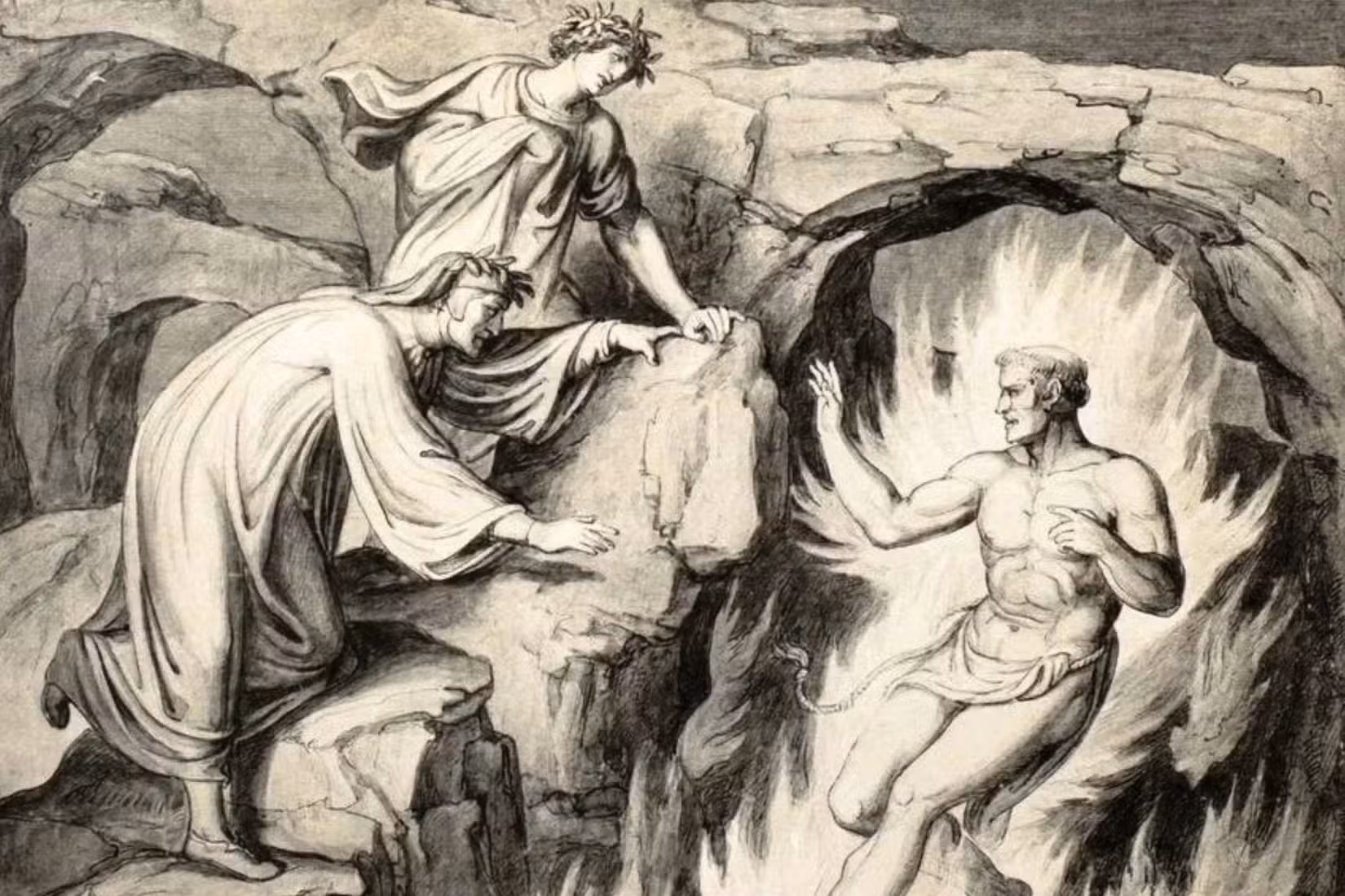 Dante e Virgílio com Ulisses - Artista Desconhecido, século XIX
