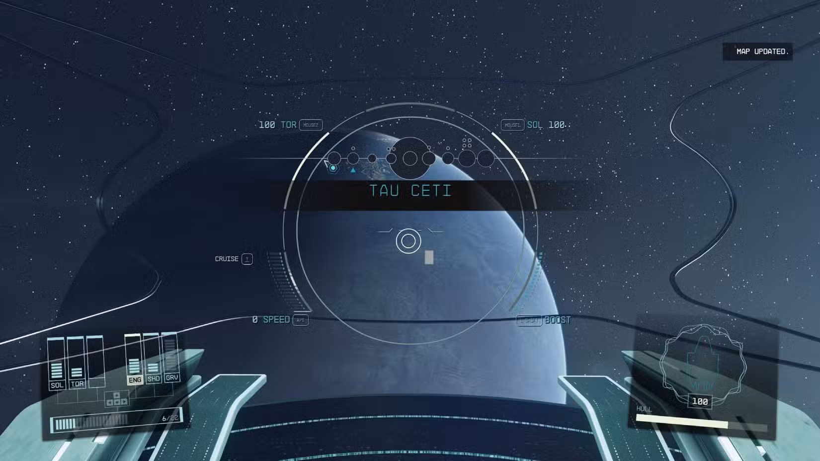 Aproximando-se do sistema Tau Ceti em Starfield.
