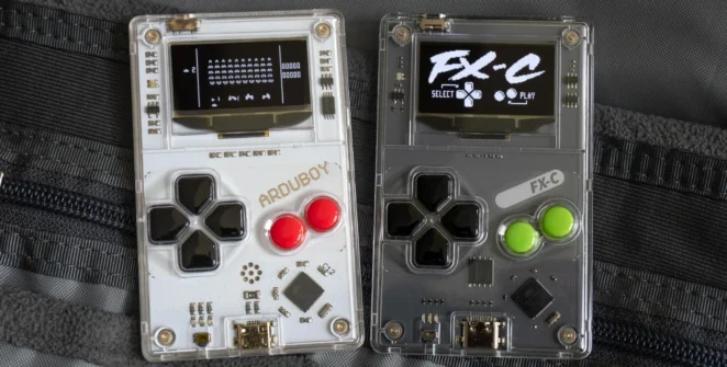 The original Arduboy next to the new Arduboy FX-C sitting on a backpack’s internal pockets.