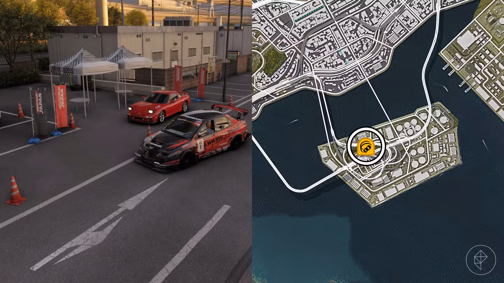 Uma montagem com duas fotos do Forza Horizon 6 mostrando a localização do Drift Club Japan