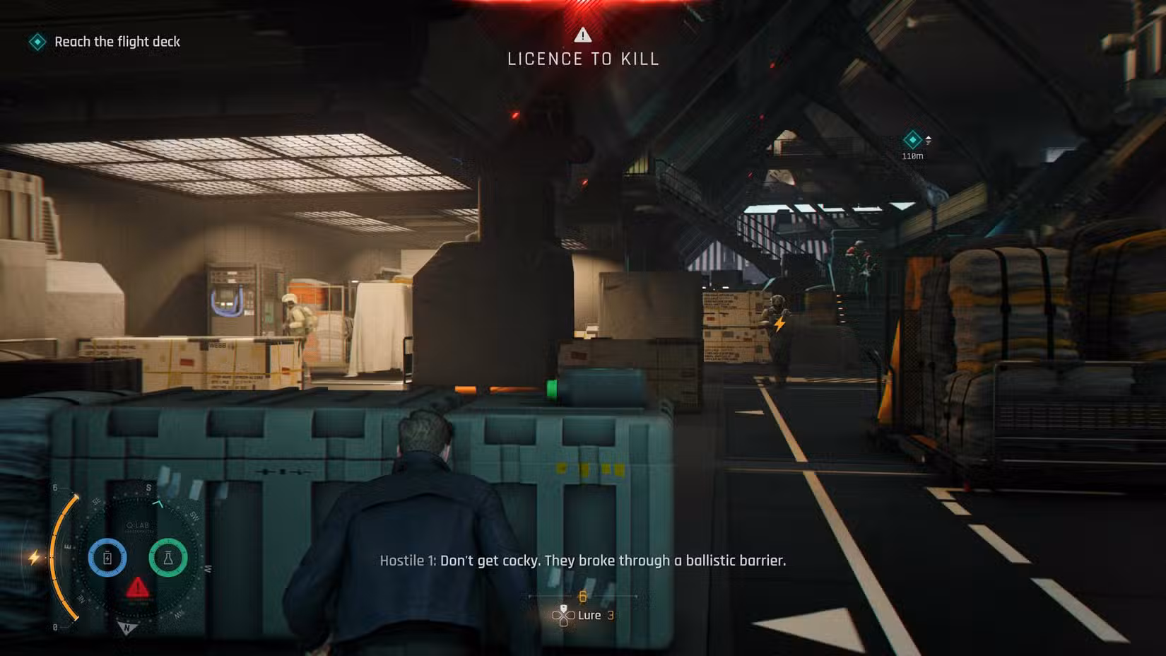 007 First Light screenshot showing the red License to Kill notification while Bond crouches behind cover