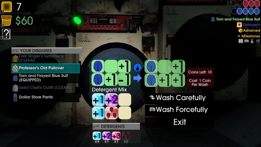 An image of the interface of Moves of the Diamond Hand, in which the player is rolling dice to wash a pullover sweater with laundry detergent.