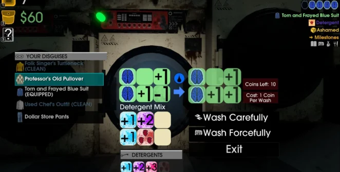 An image of the interface of Moves of the Diamond Hand, in which the player is rolling dice to wash a pullover sweater with laundry detergent.