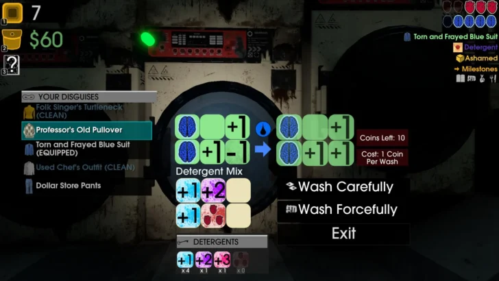 An image of the interface of Moves of the Diamond Hand, in which the player is rolling dice to wash a pullover sweater with laundry detergent.