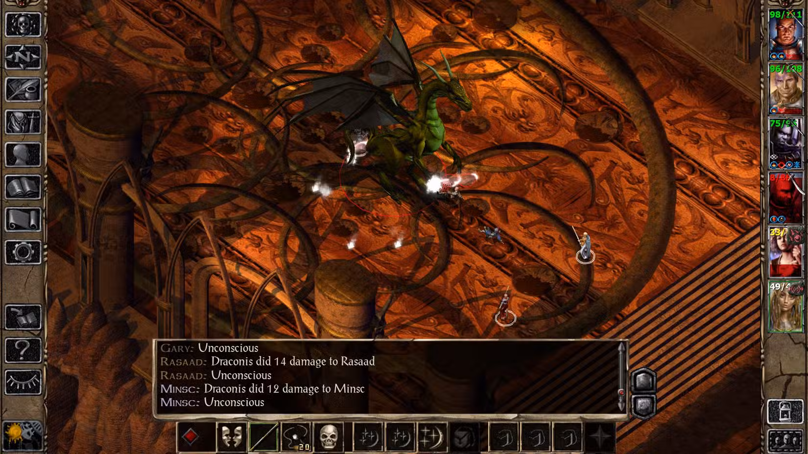 A party comprising the characters Gary, Rasaad, and Minsc goes toe-to-toe with a dragon in Baldur’s Gate 2