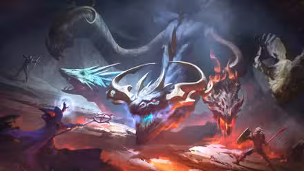 Concept art for the Scorned Wilderness expansion in RuneScape Dragonwilds, showing a five-headed dragon while three players prepare to attack it.