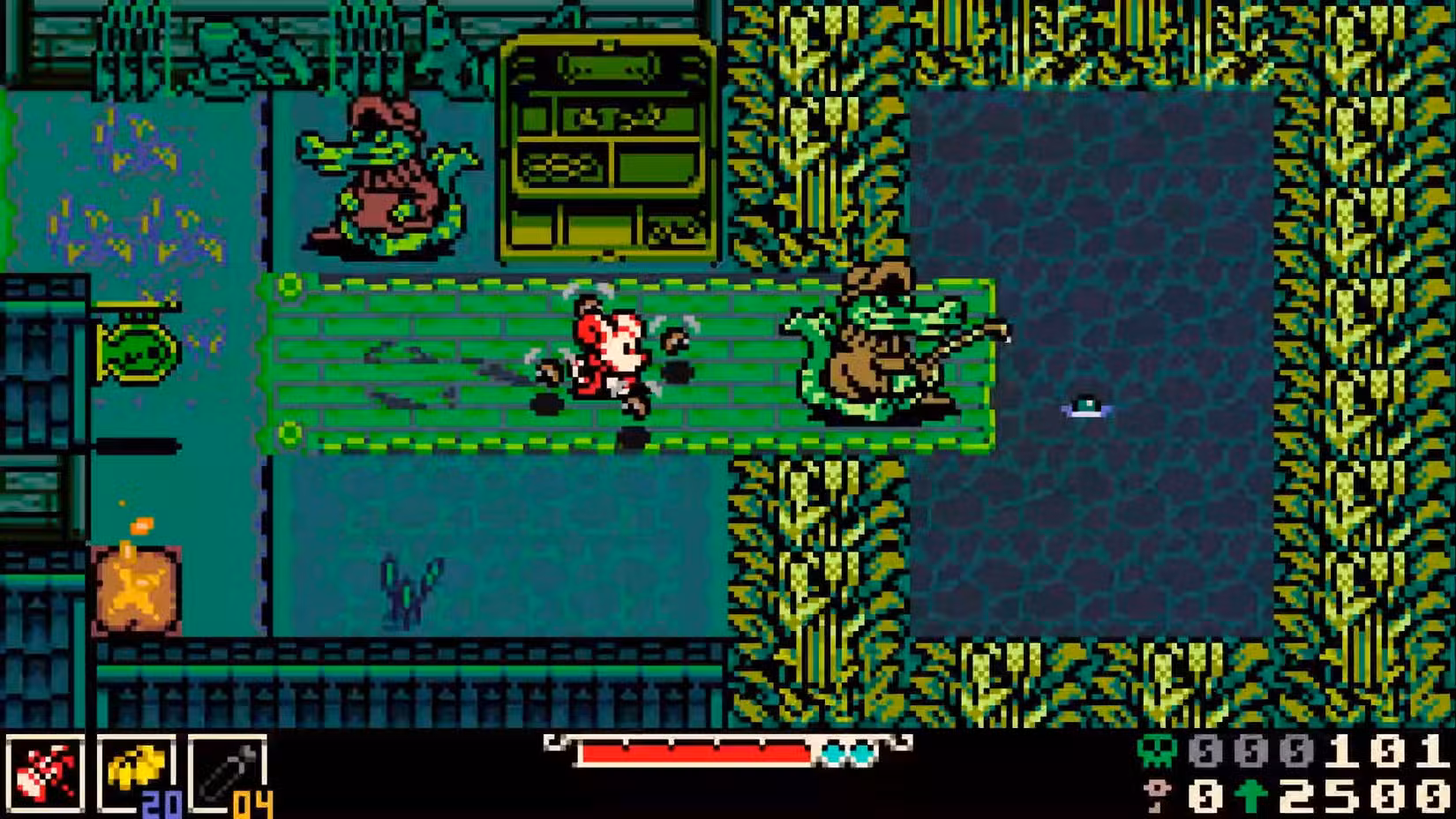 Mina talking to the two fishing crocodiles in Mina the Hollower