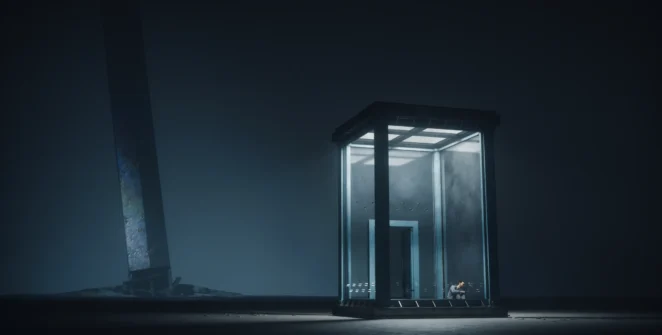 Dylan Faden in Control Resonant sitting inside his holding cell, head against the class, with a giant sword-like object in the background.