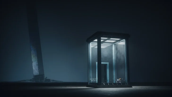 Dylan Faden in Control Resonant sitting inside his holding cell, head against the class, with a giant sword-like object in the background.