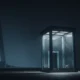 Dylan Faden in Control Resonant sitting inside his holding cell, head against the class, with a giant sword-like object in the background.