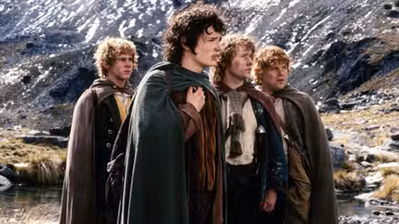 Hobbits Merri, Frodo, Pippin, and Samwise in a still from The Lord of the Rings: Fellowship of the Ring