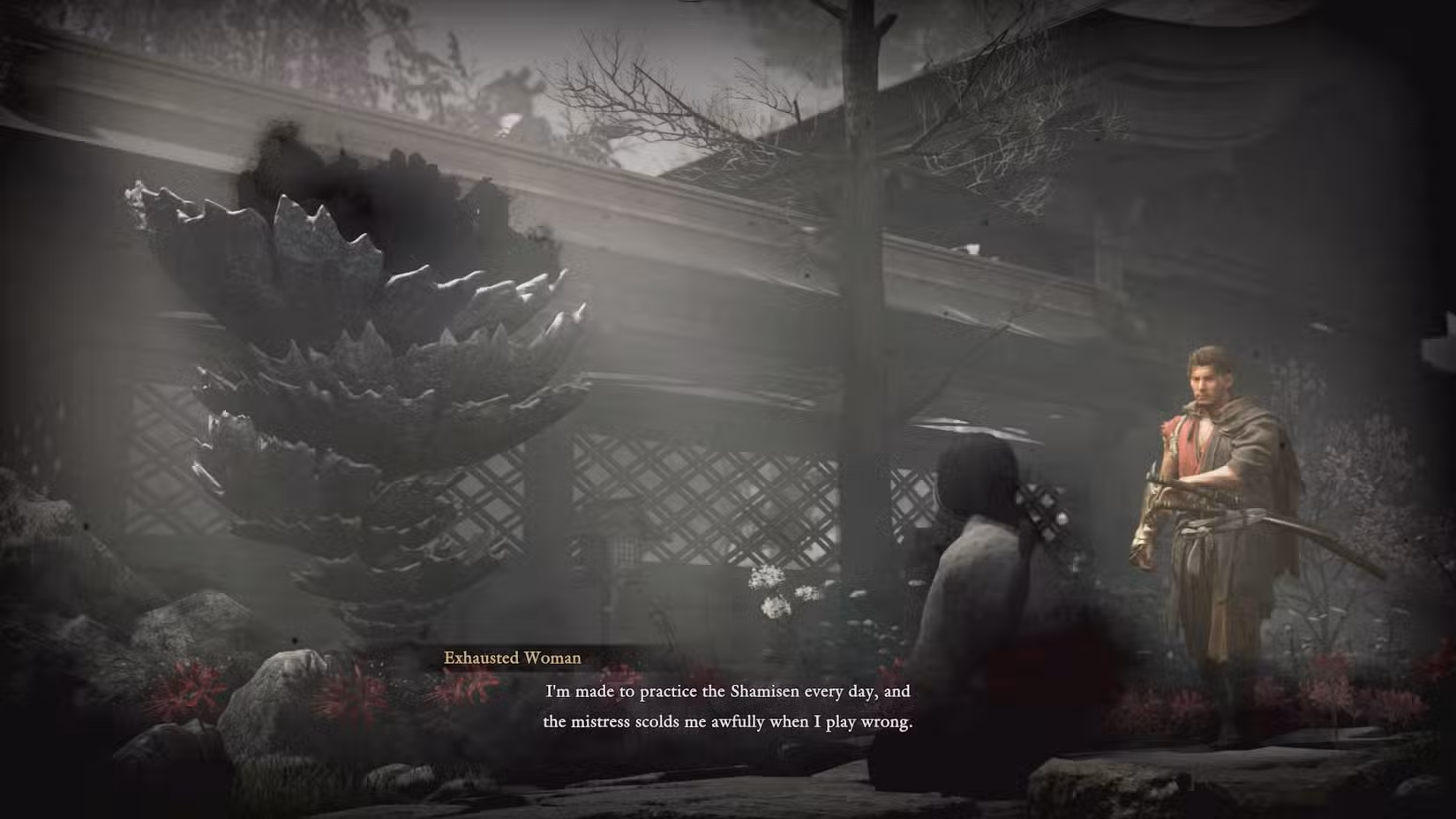 Miyamoto Musashi watches a woman speak to a Genma in a screenshot from Onimusha: Way of the Sword
