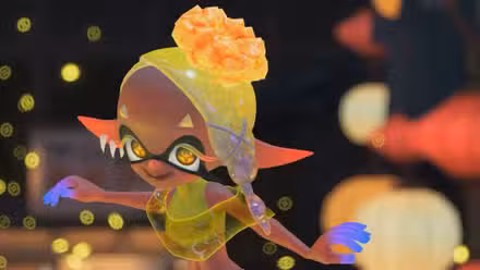 Frye the eel character from Deep Cut dancing for a Splatfest in Splatoon 3