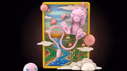A fan-created Mew Lego card, which depicts the legendary with its signature bubbles.