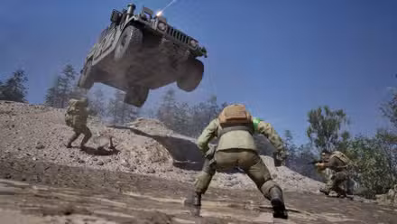 A 4x4 humvbee jumping over a pile of rubble with three soldiers beneath it in Wardogs.