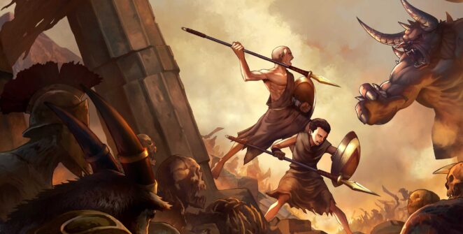 Two Greek warriors hold spears in God of War Sons of Sparta.