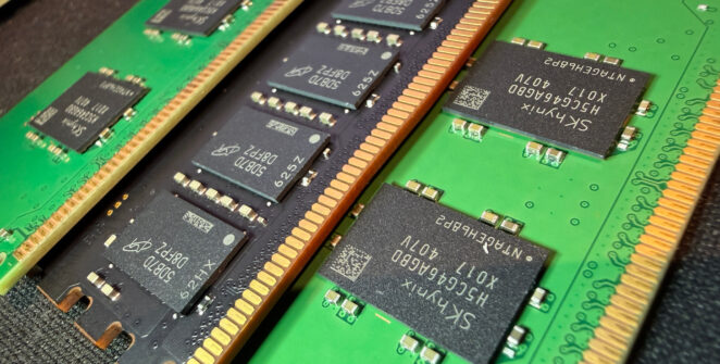 A close-up photo of a pair of Micron and SK Hynix DDR5 DIMMs, showing the memory modules on black/green PCBs