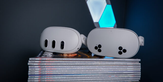 A Meta Quest 3S, alongside a Quest 3 and Quest 2, on a stack of PC Gamer magazine.