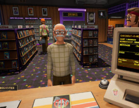 A 1990s video rental store with someone waiting at the counter