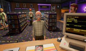 A 1990s video rental store with someone waiting at the counter