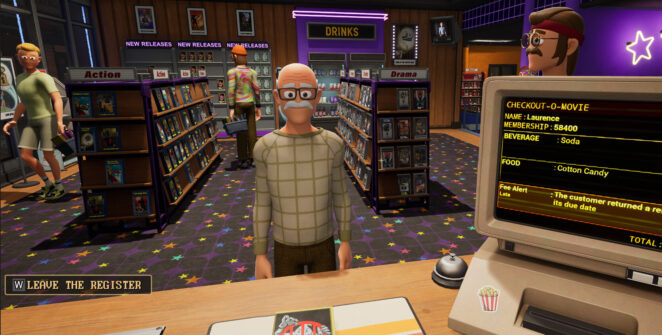 A 1990s video rental store with someone waiting at the counter