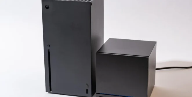 An Xbox Series X next to a Steam Machine. The Steam Machine is roughly half the size of the Series X.