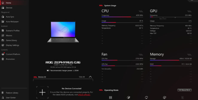 A screenshot from the Asus Armoury Crate software loaded on an Asus ROG Zephyrus G16