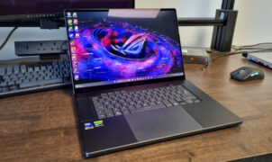 An Asus ROG Zephyrus G16 2026 shot from various angles on a test bench