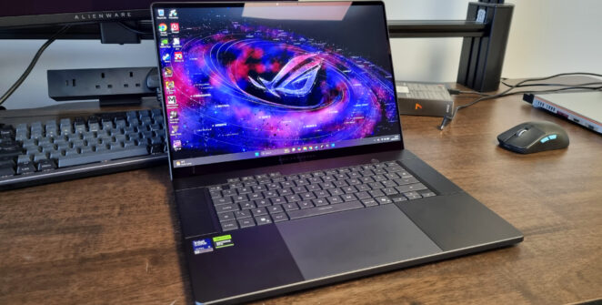 An Asus ROG Zephyrus G16 2026 shot from various angles on a test bench