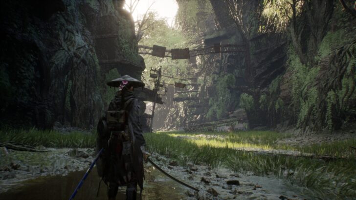 A woman stands before a ruined landscape