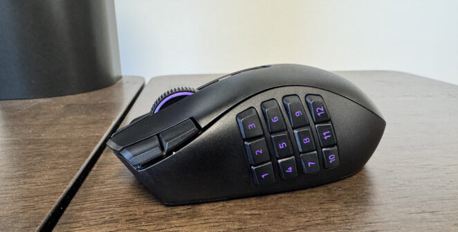 The Razer Naga V3 Pro on a wooden table from the left hand side, showing the 12 button faceplate