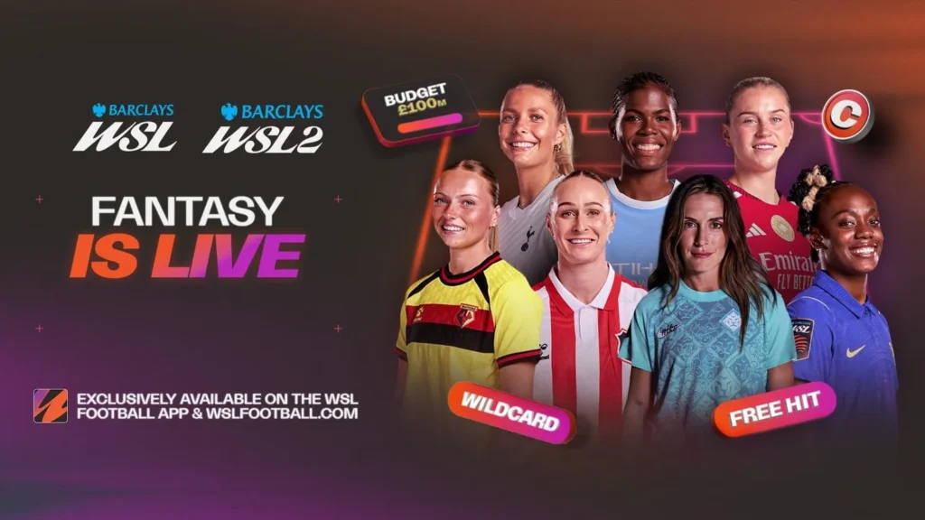 Render of three phones showing screenshots from the WSL fantasy football app