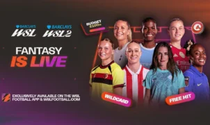 Render of three phones showing screenshots from the WSL fantasy football app