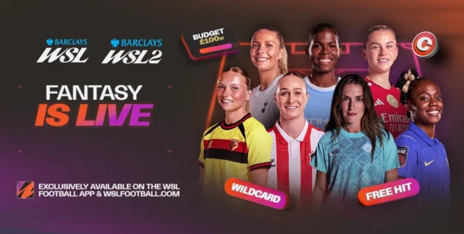 Render of three phones showing screenshots from the WSL fantasy football app