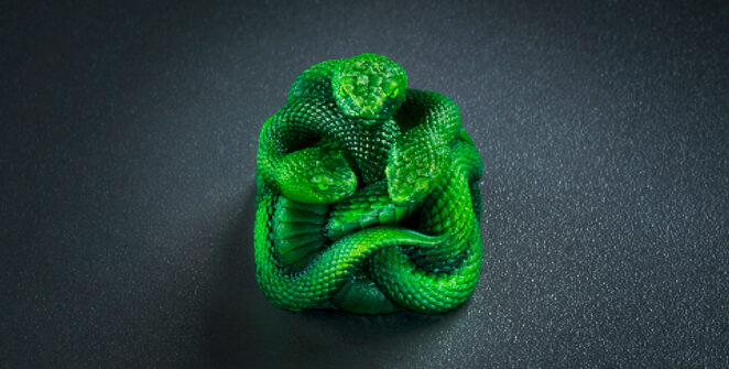 A Razer artisan keycap made of up three resin-cast, neon green snakes