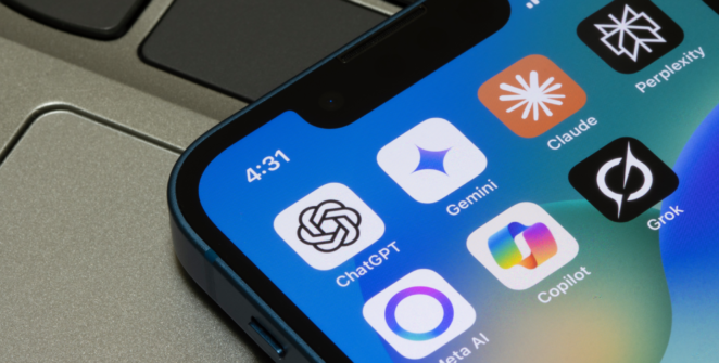 Portland, OR, USA - May 2, 2025: Assorted AI apps, including ChatGPT, Gemini, Claude, Perplexity, Meta AI, Microsoft Copilot, and Grok, are seen on the screen of an iPhone.