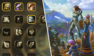 A split image: Left, showing new talent trees in WoW Forever. Right, showing the announcement key art, with several heroes standing atop a cliff.