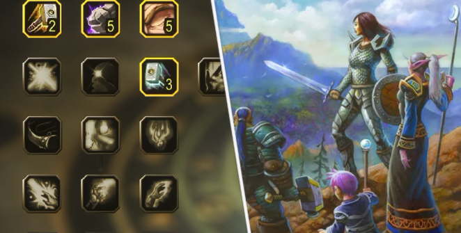 A split image: Left, showing new talent trees in WoW Forever. Right, showing the announcement key art, with several heroes standing atop a cliff.